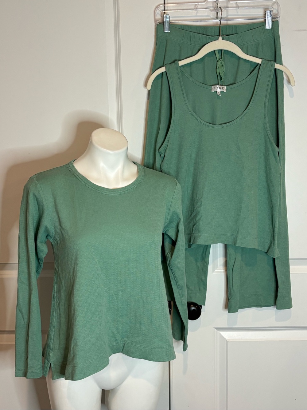 LAKE Green Pointelle Knit Tank Long Sleeve Pants 3 Piece Set Pajamas S